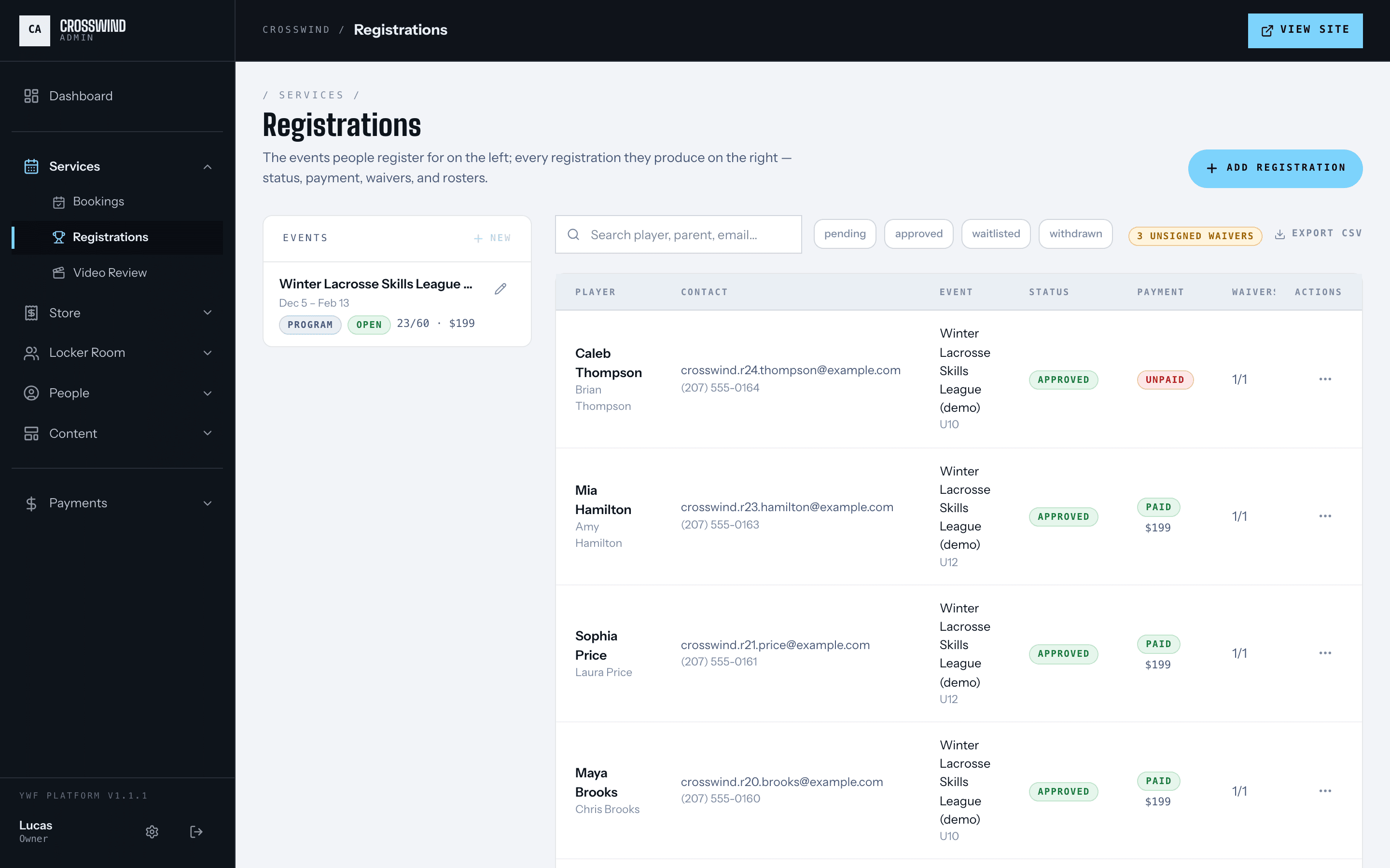 A registration program with sign-ups in the dashboard
